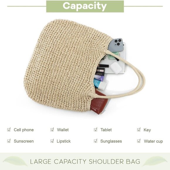 Large Straw Beach Bag for Women Woven Summer Handbag Shoulder Purse - Picture 4 of 7